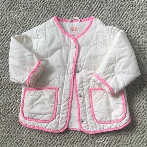 ZARA White Quilted Jacket with Pink Trim